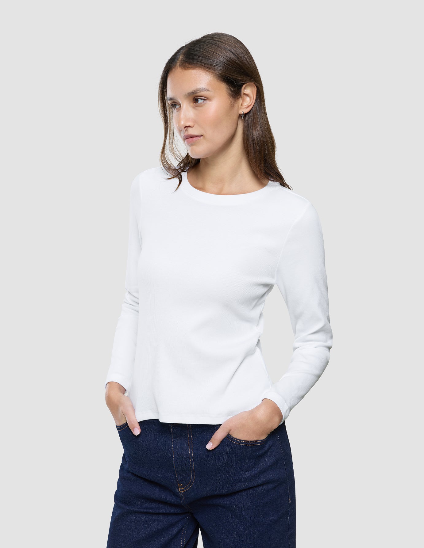 Women Rib T-Shirt Long Sleeve White